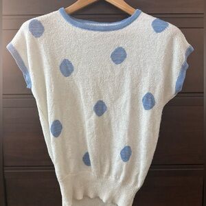 White and Blue Polka Dot Knit Top